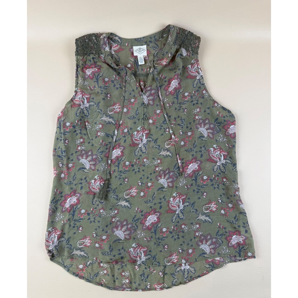 Boho Floral Sleeveless Rayon Blouse Tassel Detail XL St John's Bay